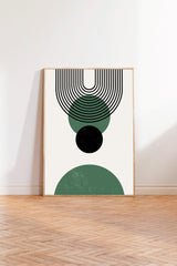 a minimalist art piece with a white background and a geometric design consisting of green circles and black lines.