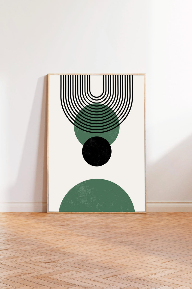a minimalist art piece with a white background and a geometric design consisting of green circles and black lines.