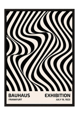 The image is a poster for the Bauhaus exhibition in Frankfurt, Germany, which took place from July 19, 1923. The poster features a striking black and white abstract design with wavy lines and stripes, creating a visually captivating and dynamic composition.