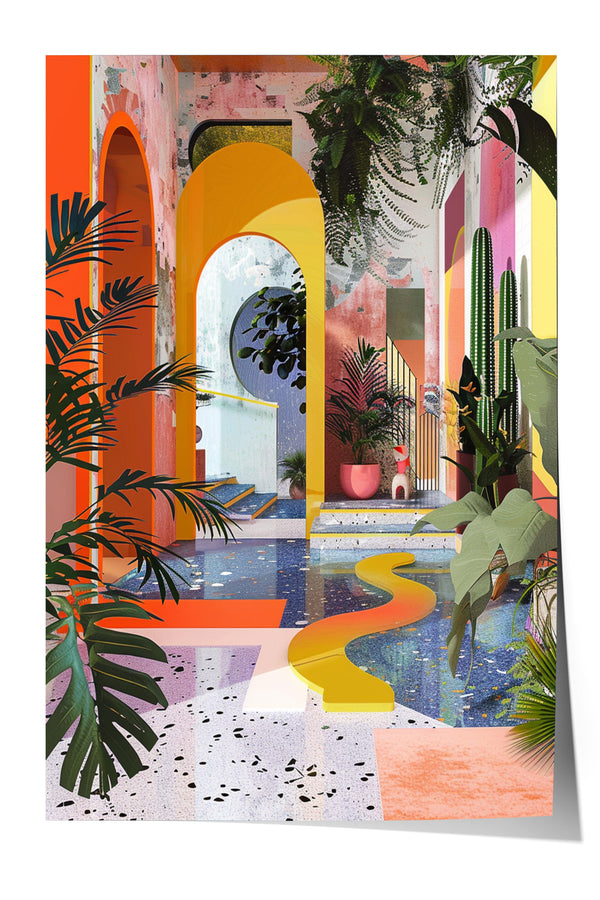 The image is a vibrant and colorful collage featuring a tropical garden with a variety of plants, including palm trees, ferns, and other lush foliage. The garden is surrounded by a colorful archway, and the overall composition is visually striking and dynamic.