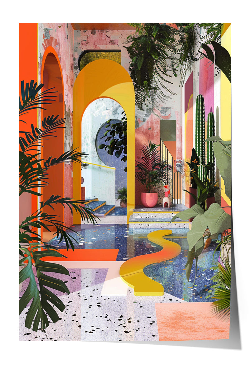 The image is a vibrant and colorful collage featuring a tropical garden with a variety of plants, including palm trees, ferns, and other lush foliage. The garden is surrounded by a colorful archway, and the overall composition is visually striking and dynamic.