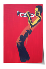 A man playing a trumpet against a red background.