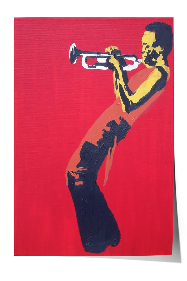 A man playing a trumpet against a red background.