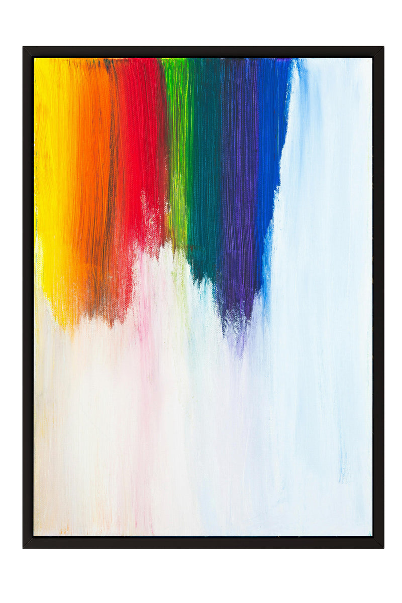 The image is a vibrant abstract painting featuring a rainbow of colors, including red, orange, yellow, green, blue, purple, and white, arranged in a dynamic and energetic composition.