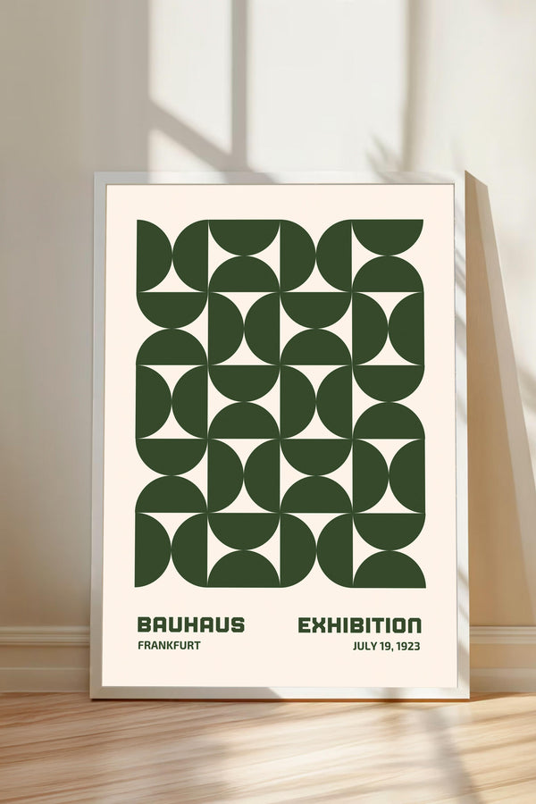 The image is a framed poster for the Bauhaus exhibition in Frankfurt, Germany, which took place from July 19, 1923.