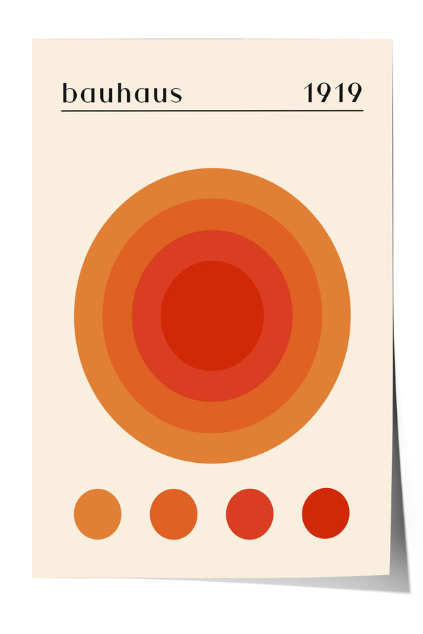 The image is a poster featuring a large circular design with concentric circles of varying shades of orange and red, along with four smaller circles below it. The text "bauhaus 1919" is displayed above the design.