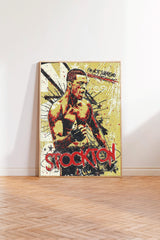 The image is a poster featuring a muscular man with a determined expression, surrounded by a colorful, graffiti-style design.