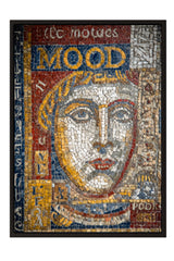 The image is a mosaic depicting a woman's face, with various colors and patterns arranged to create a visually striking composition.