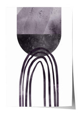 The image is a minimalist art piece featuring a large, abstract shape resembling a crescent moon or half-circle, with a series of curved lines extending from the bottom edge, creating a sense of movement and rhythm.