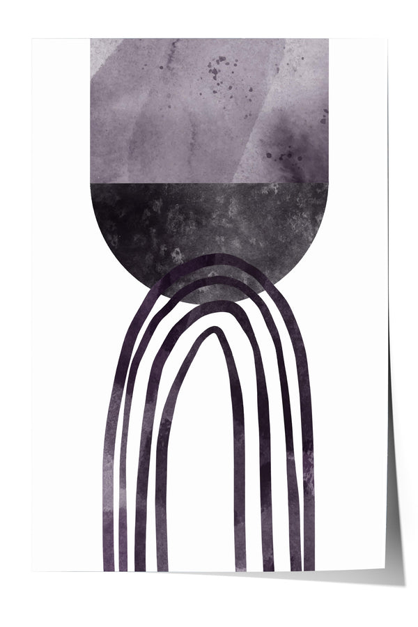 The image is a minimalist art piece featuring a large, abstract shape resembling a crescent moon or half-circle, with a series of curved lines extending from the bottom edge, creating a sense of movement and rhythm.