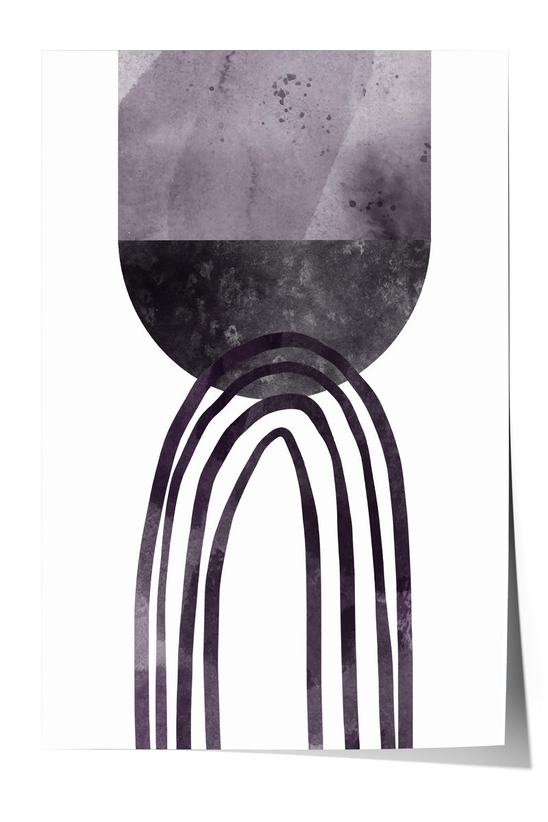 The image is a minimalist art piece featuring a large, abstract shape resembling a crescent moon or half-circle, with a series of curved lines extending from the bottom edge, creating a sense of movement and rhythm.