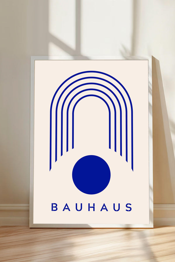 a minimalist poster with a large blue circle and a series of blue lines forming a curved arch shape. The word "BAHAU" is written in blue letters below the arch.