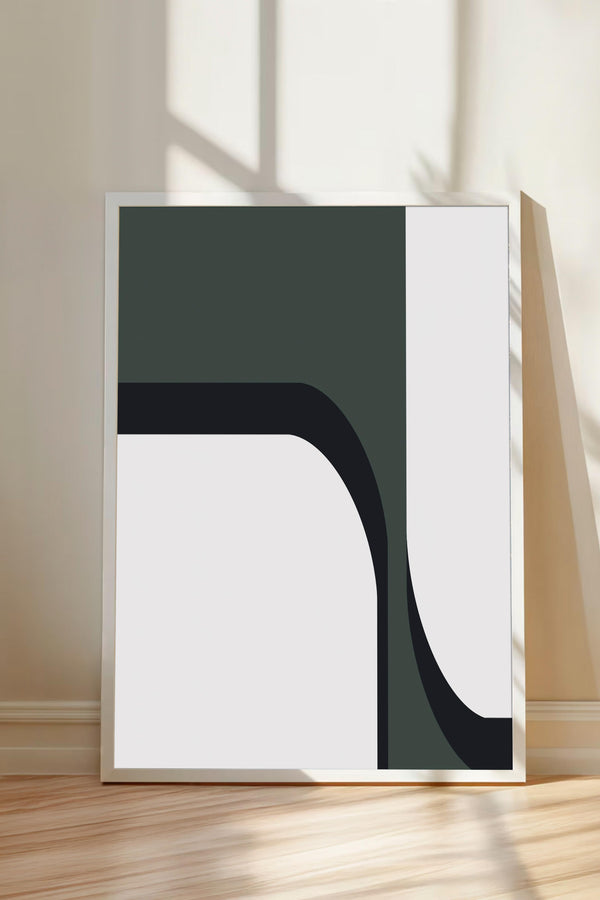 a minimalist art piece with a white square frame and a black and white abstract design on a white background.