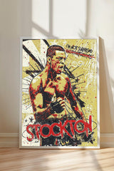 The image is a poster featuring a muscular man with a determined expression, surrounded by a colorful, graffiti-style background.