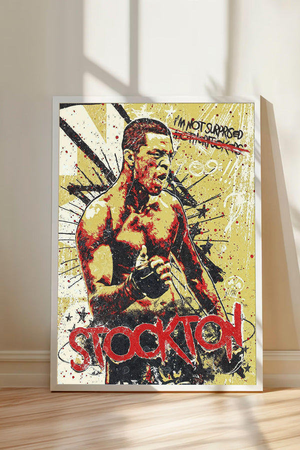 The image is a poster featuring a muscular man with a determined expression, surrounded by a colorful, graffiti-style background.