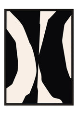 The image is a minimalist black and white abstract artwork with bold, geometric shapes and lines.