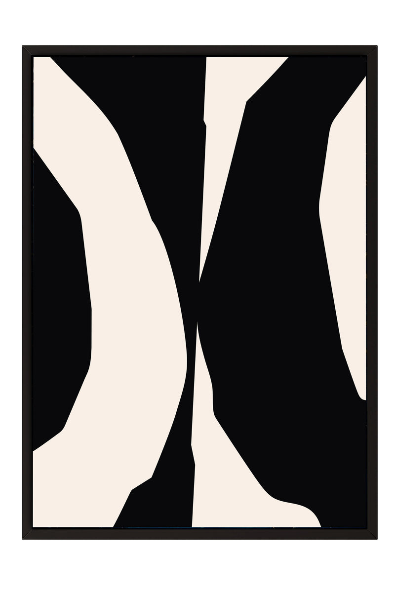 The image is a minimalist black and white abstract artwork with bold, geometric shapes and lines.