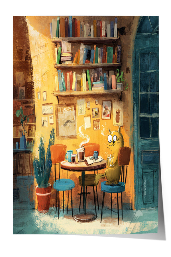 A whimsical scene of a cat sitting at a table in a cozy, colorful room filled with bookshelves, plants, and various objects.