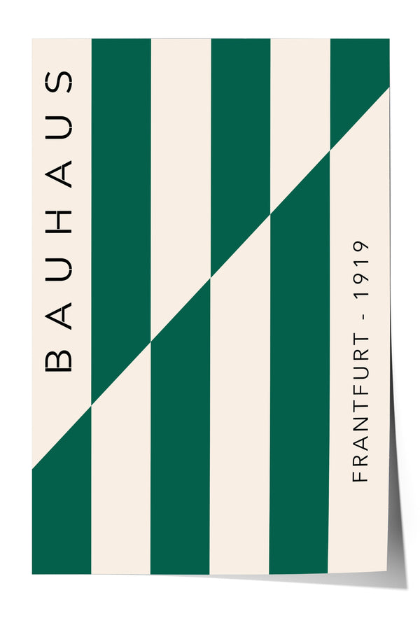 The image is a minimalist poster featuring a geometric design with green and white stripes. The text "BAHAU" is written in black at the top left corner, and "1919 FRANTFURT" is written in black at the bottom right corner.