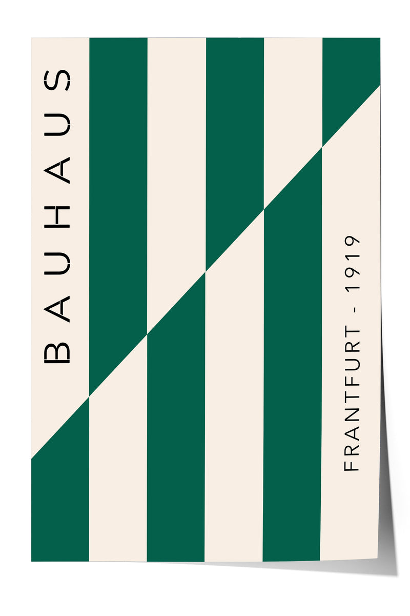 The image is a minimalist poster featuring a geometric design with green and white stripes. The text "BAHAU" is written in black at the top left corner, and "1919 FRANTFURT" is written in black at the bottom right corner.