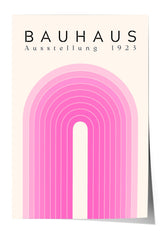 The image is a poster for Bauhaus, featuring a pink and white color scheme with a large, curved line in the center.