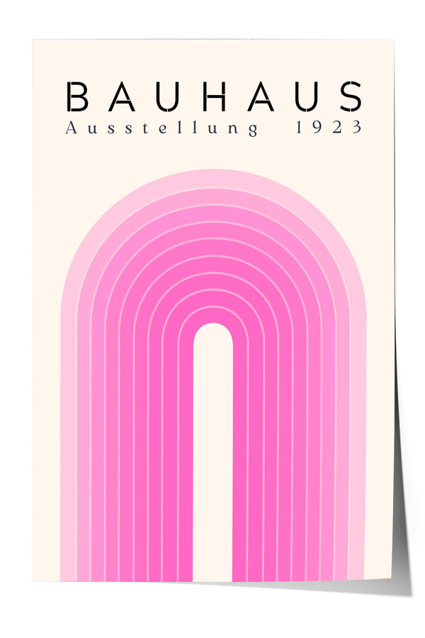 The image is a poster for Bauhaus, featuring a pink and white color scheme with a large, curved line in the center.