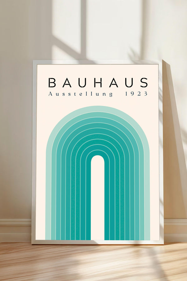 a minimalist poster with a geometric design and the text "BAHAUX 1923 AUSTELLLUNG 1923" displayed prominently.