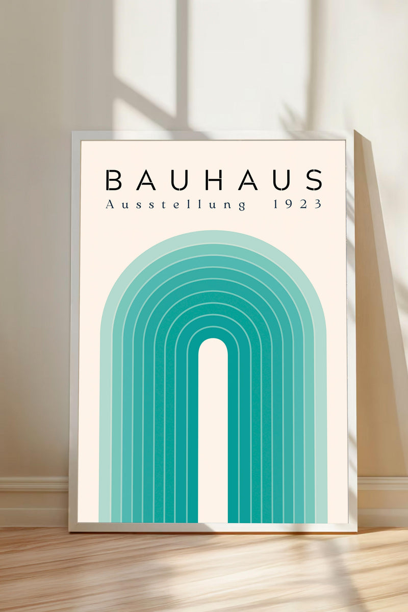 a minimalist poster with a geometric design and the text "BAHAUX 1923 AUSTELLLUNG 1923" displayed prominently.