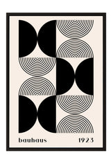 The image is a framed poster featuring a geometric design with circles and lines in black and white.