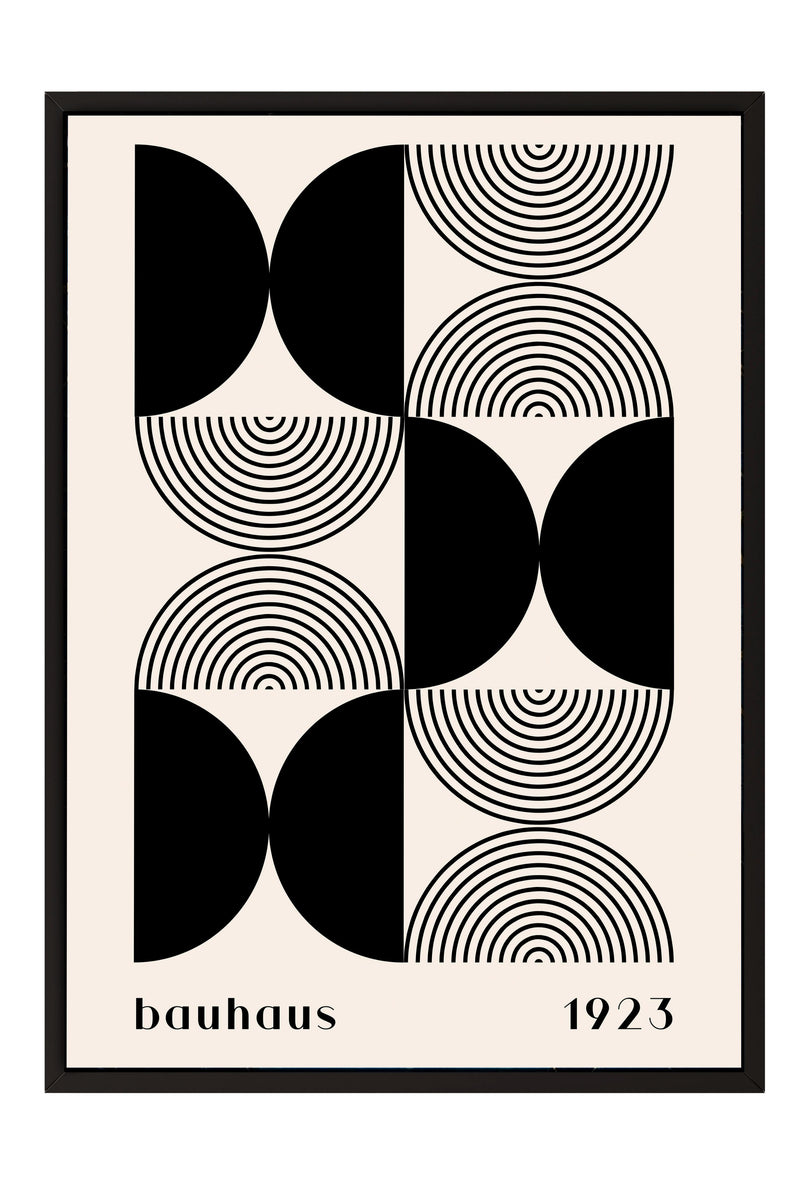 The image is a framed poster featuring a geometric design with circles and lines in black and white.