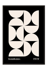 The image is a framed poster featuring a minimalist geometric design with a repeating pattern of white circles and lines on a black background.