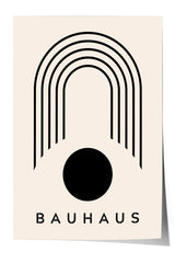 a minimalist design with a large black circle and a series of curved lines forming an arch-like shape. The word "BAHAU" is prominently displayed below the design.