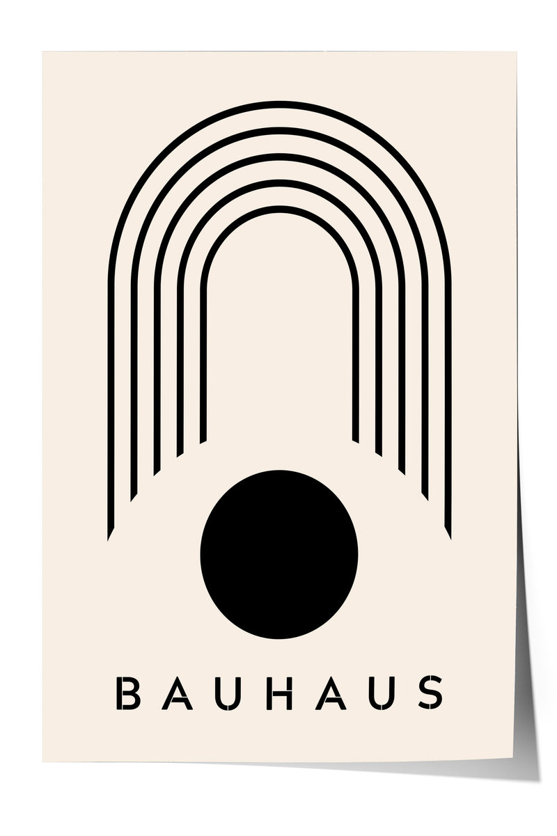 a minimalist design with a large black circle and a series of curved lines forming an arch-like shape. The word "BAHAU" is prominently displayed below the design.