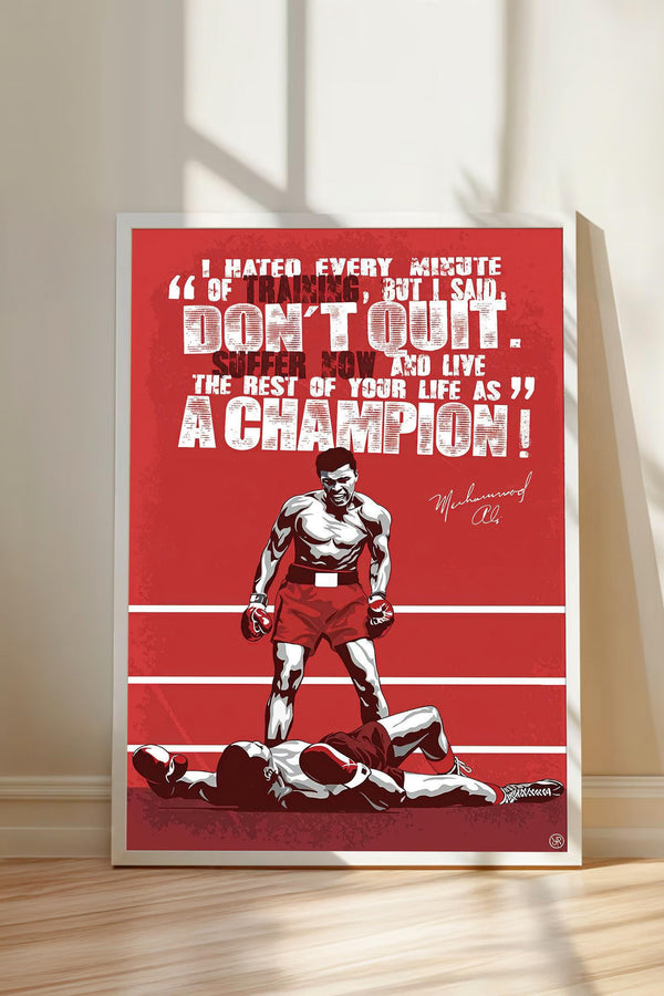 The image is a framed poster featuring a motivational quote about boxing and life, with an illustration of two boxers engaged in a fight.