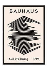 The image is a poster for the Bauhaus art school, featuring a minimalist design with a geometric pattern in black and white.