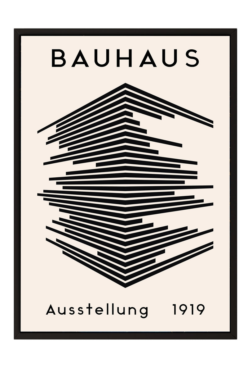 The image is a poster for the Bauhaus art school, featuring a minimalist design with a geometric pattern in black and white.