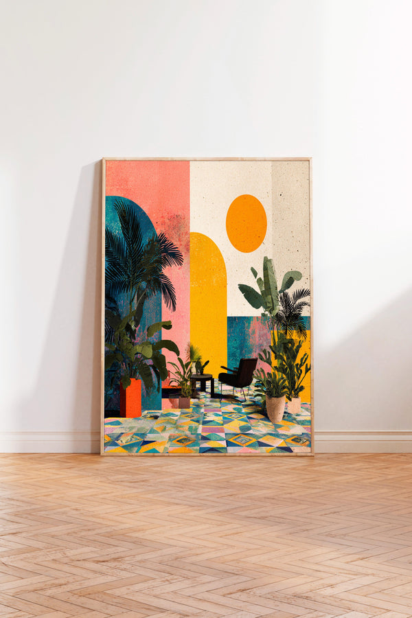 The image is a vibrant and colorful abstract painting featuring a tropical scene with palm trees, a lounge chair, and a geometric patterned floor.