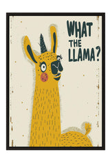 A cartoon-style illustration of a yellow llama with a horn and large eyes, accompanied by the text "WHAT THE LLAMA?"