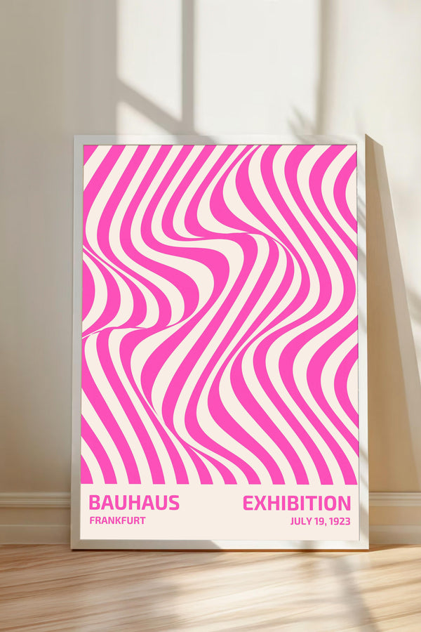A poster for the Bauhaus exhibition in Frankfurt, Germany, which features a pink and white striped design.