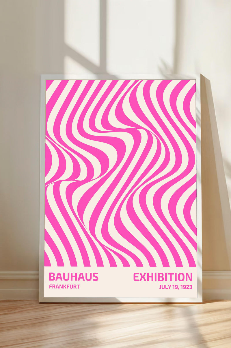 A poster for the Bauhaus exhibition in Frankfurt, Germany, which features a pink and white striped design.