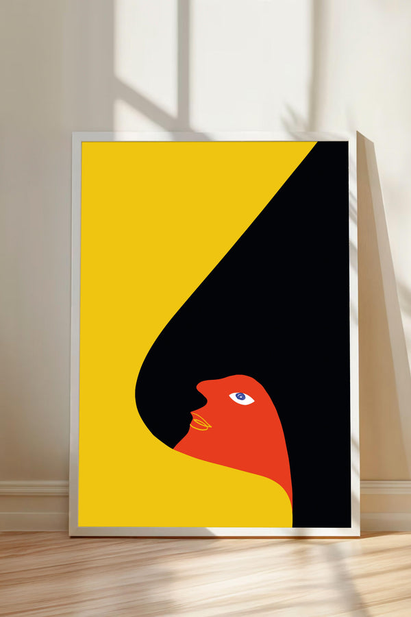 a bold, abstract artwork with a striking contrast of black and yellow. The artwork is framed and displayed on a wall, with a shadow cast on the wall behind it.