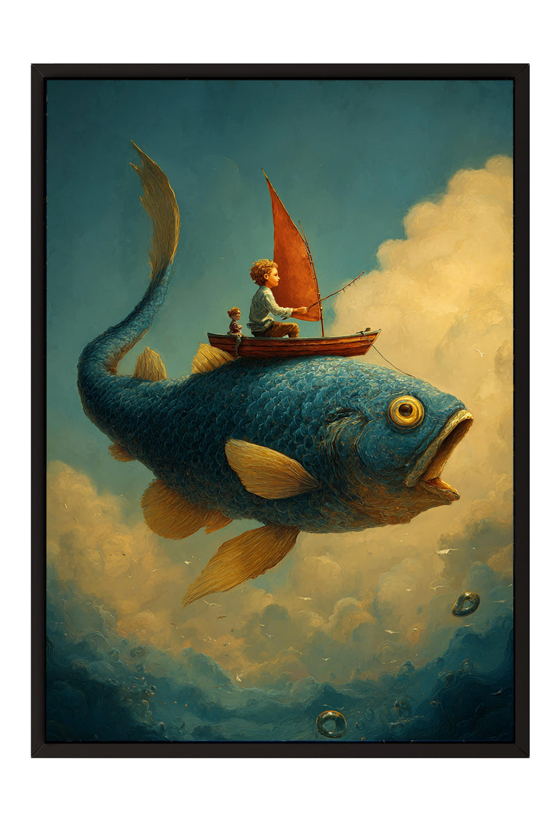 A young boy is riding on the back of a large, blue fish, which appears to be flying through the air. The boy is holding a fishing rod, suggesting he is fishing from the fish's back. The background features a cloudy sky, adding to the dreamlike atmosphere of the scene.