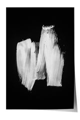 The image is a black and white abstract artwork featuring two brushstrokes or splatters of white paint on a dark background.