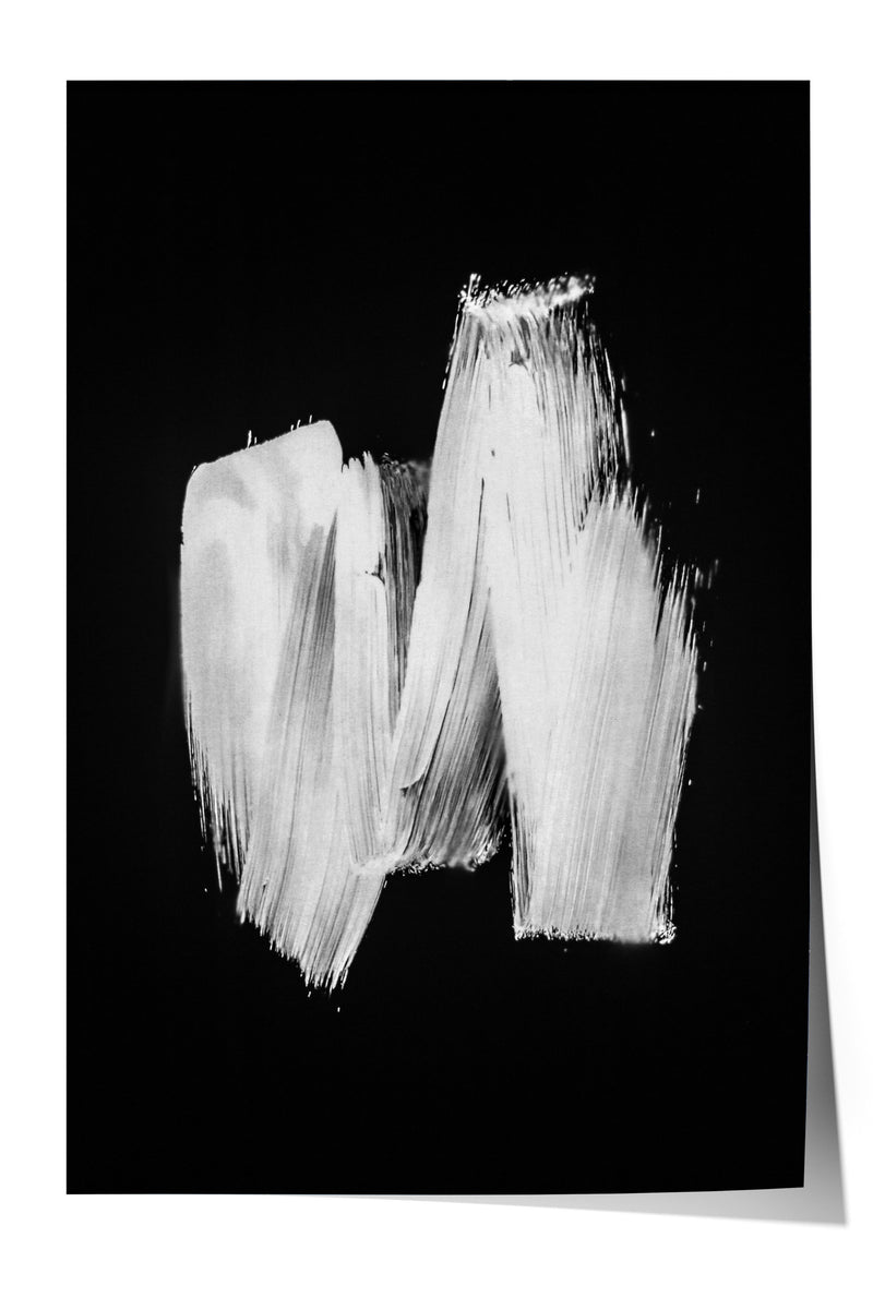 The image is a black and white abstract artwork featuring two brushstrokes or splatters of white paint on a dark background.