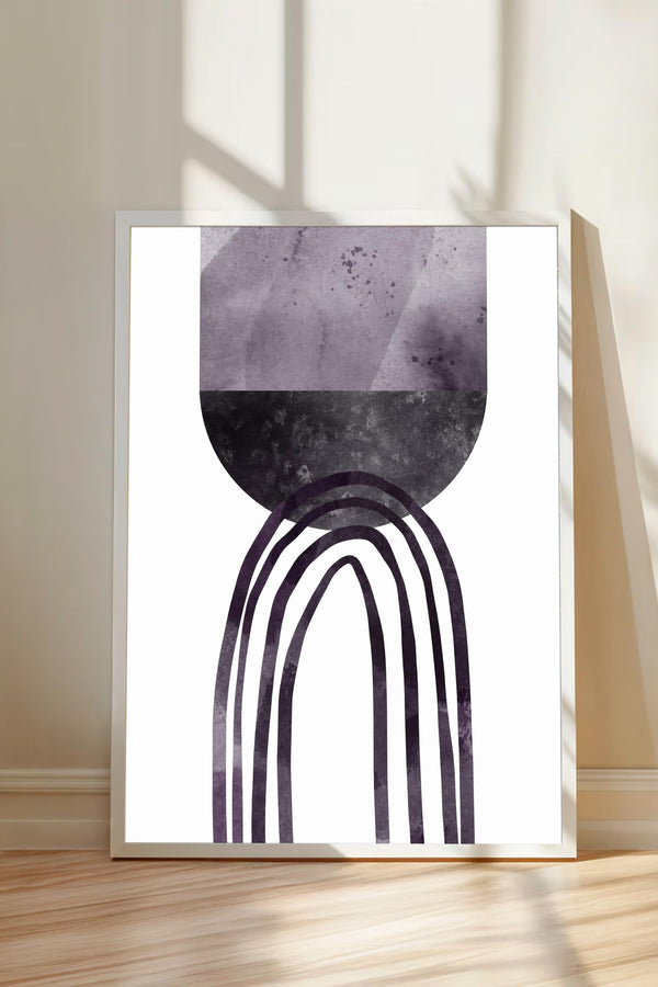 a minimalist art piece with a white background and a black and purple abstract design.