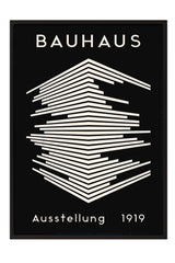 The image is a poster for the Bauhaus art school, featuring a minimalist design with a geometric pattern and the text "Bauhaus" and "Austellung 1919".