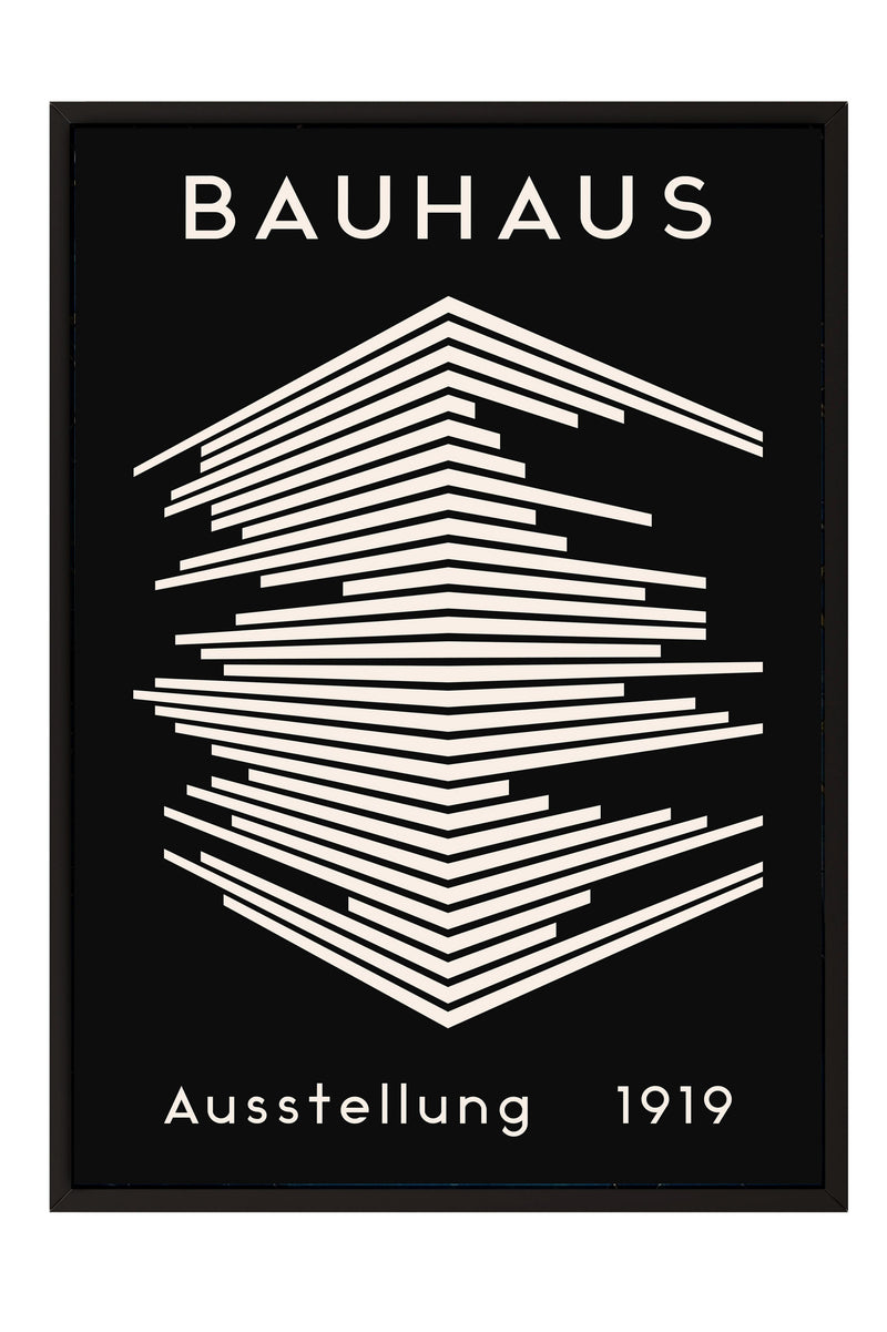 The image is a poster for the Bauhaus art school, featuring a minimalist design with a geometric pattern and the text "Bauhaus" and "Austellung 1919".