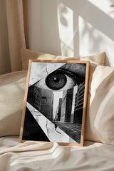 a framed black and white photograph of a city street with a large eye in the center, surrounded by buildings and a person walking on the sidewalk.
