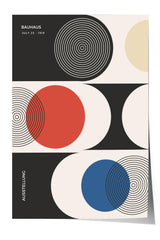 The image is a poster for the Bauhaus exhibition held from July 23, 1919. It features abstract geometric shapes and patterns in black, white, red, and blue.