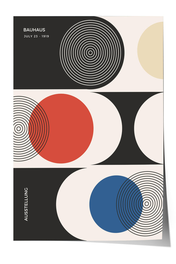The image is a poster for the Bauhaus exhibition held from July 23, 1919. It features abstract geometric shapes and patterns in black, white, red, and blue.